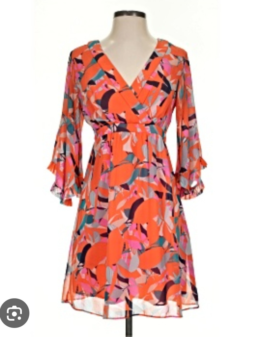 Clover & Sloane Pink Orange Printed V-Neck Swing Dress